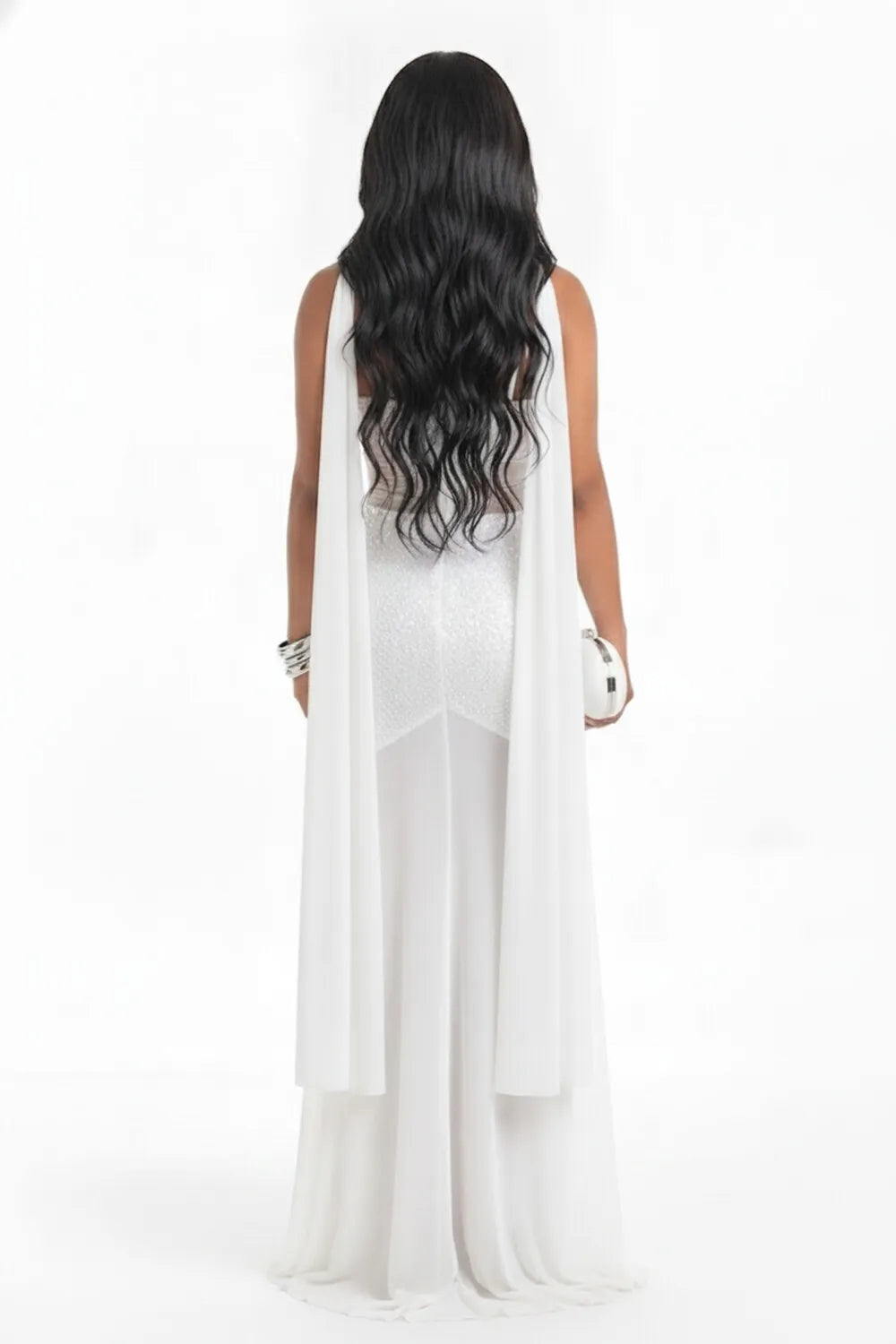Halter Scarf V Neck Sequin Patchwork Mesh Cami Mermaid Maxi Dresses-White