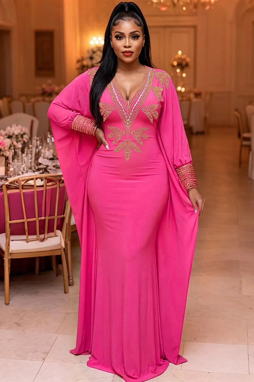 V Neck Batwing Sleeve Crystal Solid Color Slim Gowns Maxi Dresses-Fuchsia