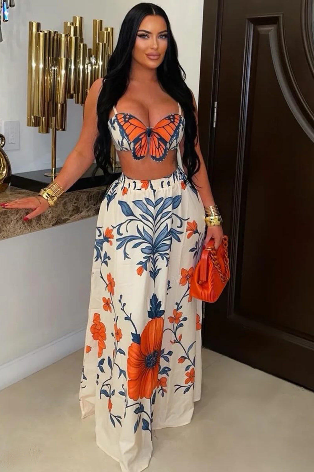 Floral Cami Crop Top Maxi Skirt Vacation 2pcs Set