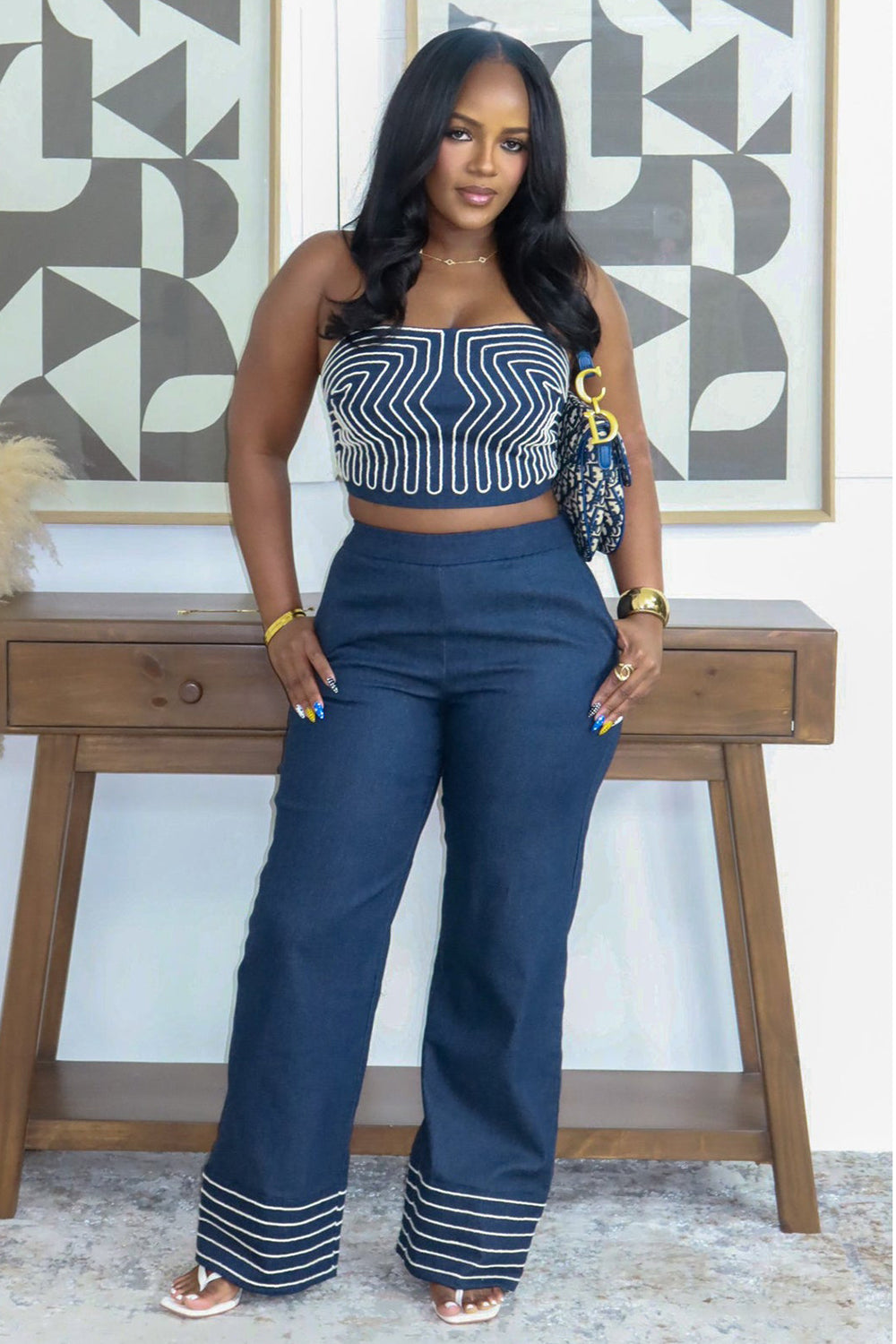 Geometric Print Strapless Top Wide Leg Pants Casual 2pcs Set-Navy