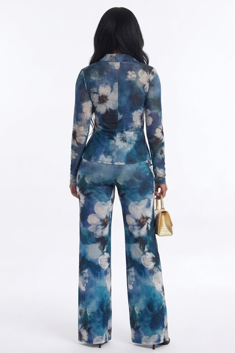 All Over Floral Print Button Slim Shirt Straight Leg Pants 2pcs Set-Blue