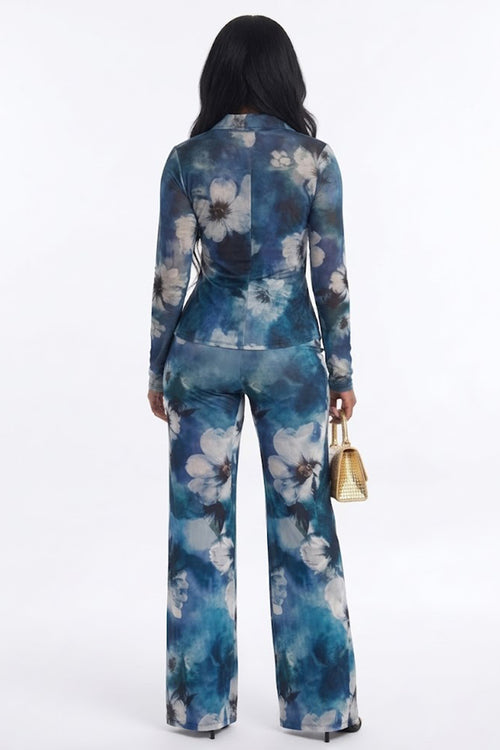 All Over Floral Print Button Slim Shirt Straight Leg Pants 2pcs Set-Blue