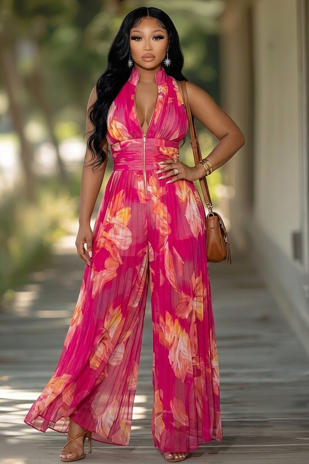 Deep V Neck Floral Pleated Wide Leg Casual Jumpsuit-Fuchsia