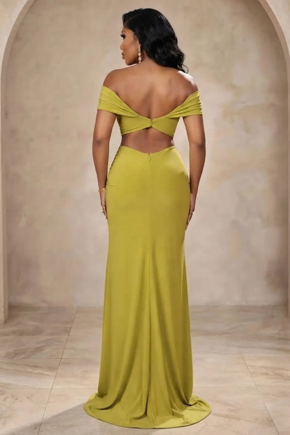 Off Shoulder Cut Out Ruched Backless Wedding Maxi Dresses-Green