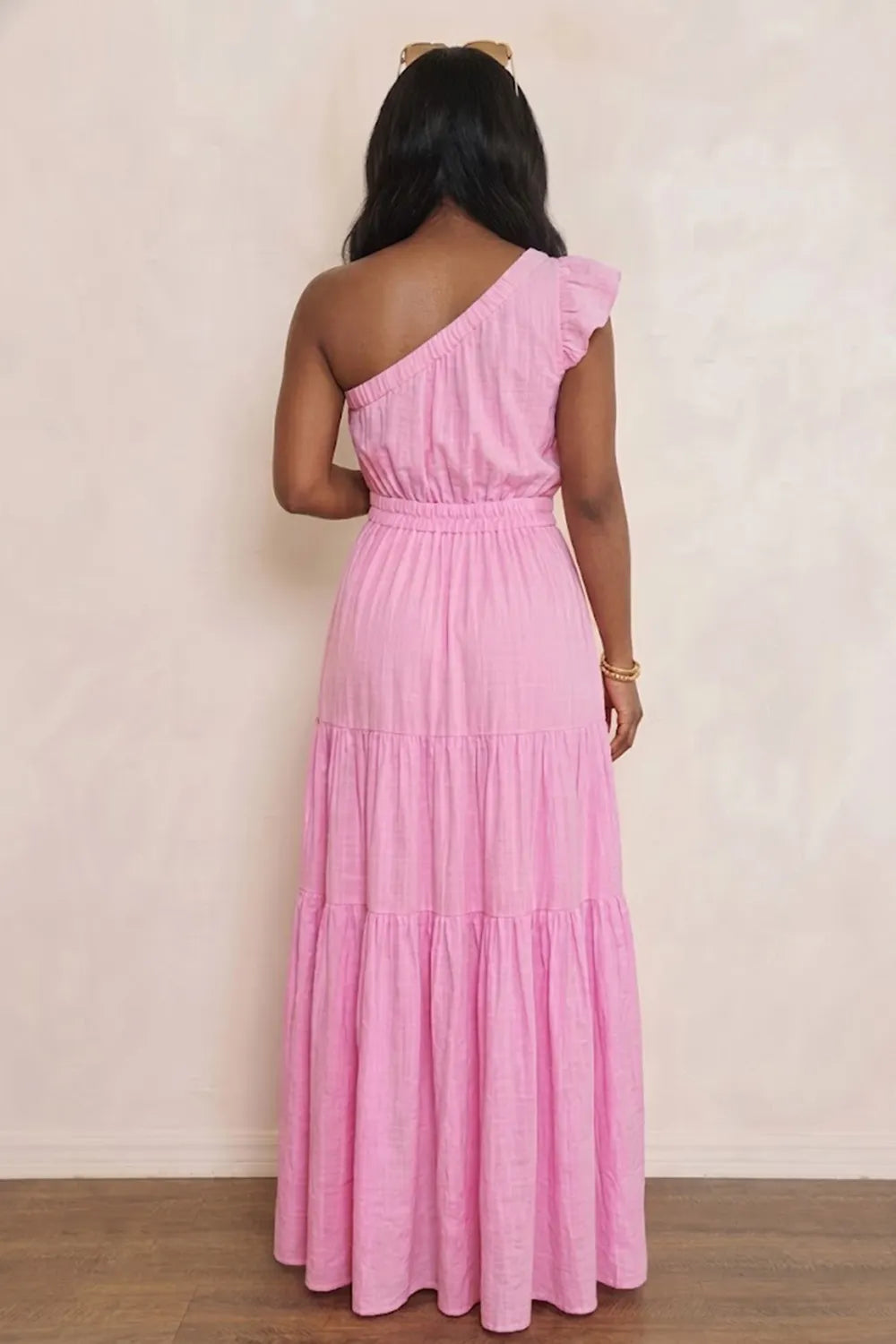 Solid Color One Shoulder Skew Neck Elastic Waist Tiered Maxi Dresses-White