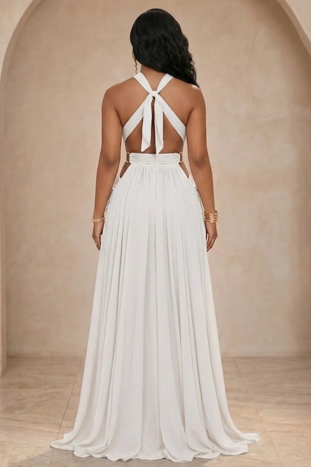 Halter Front Cut Out Streamer Slit Backless Maxi Dresses-Blue