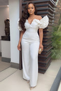 Off Shoulder Notch Neck Ruffle Party Straight Leg Jumpsuit-White
