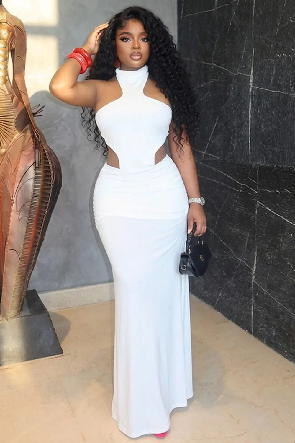 Halter Neck Cut Out Sleeveless Side Slit Bodycon Gowns Maxi Dresses-White