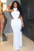 Halter Neck Cut Out Sleeveless Side Slit Bodycon Gowns Maxi Dresses-White