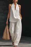 Halter Neck Sleeveless Top Wide Leg Pants Solid Color Casual 2pcs Set-White