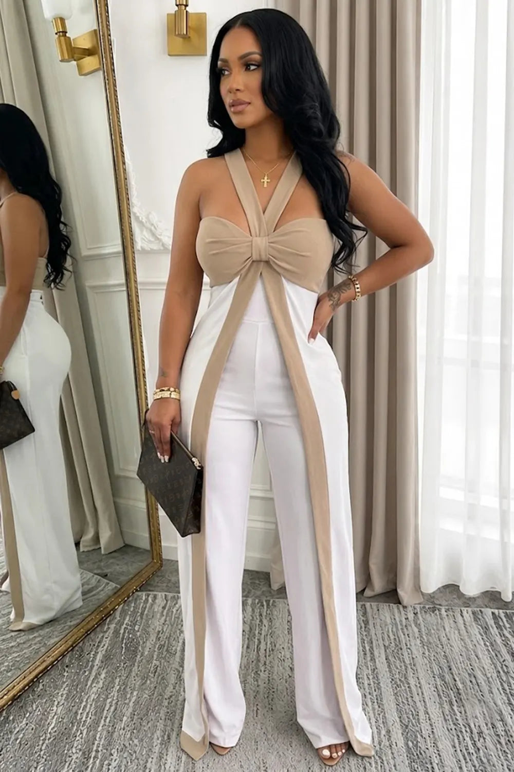 Colorblock Knotted Strapless Casual Wide Leg Jumpsuit-Black