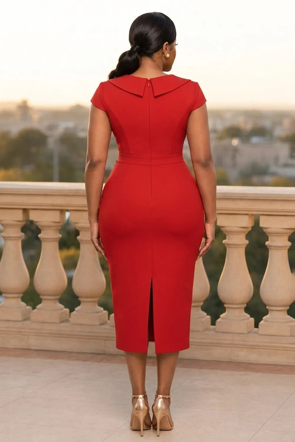 Peak Lapel Cap Sleeve Back Slit Bodycon Casual Midi Dresses-Red