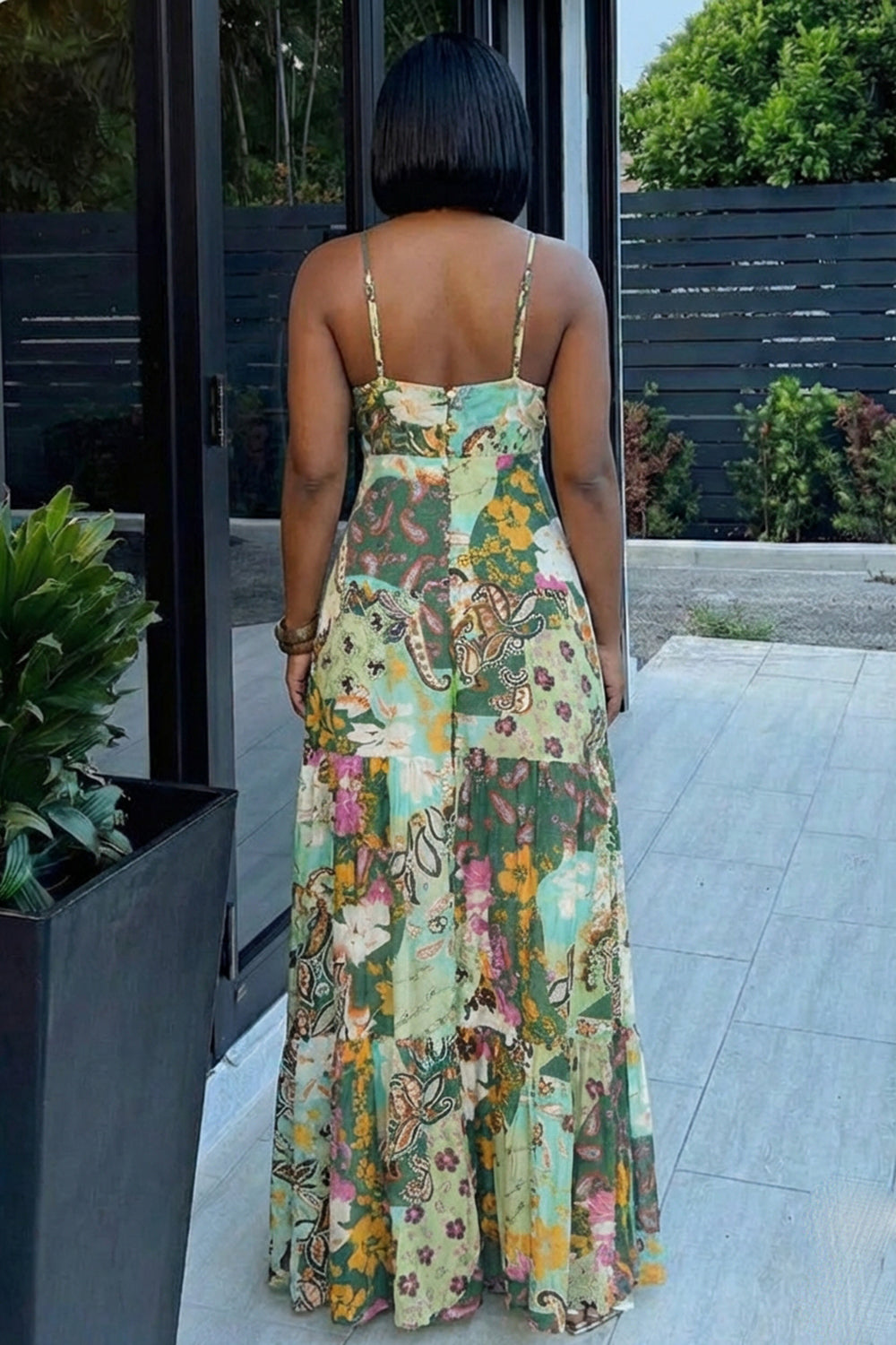 Deep V Neck Cinch Waist Floral Print Cami Maxi Dresses-Green