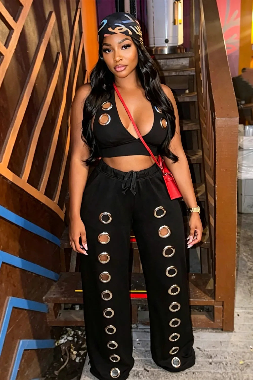 Eyelet Decor Halter V Neck Crop Top High Waist Loose Pants 2pcs Set-Black