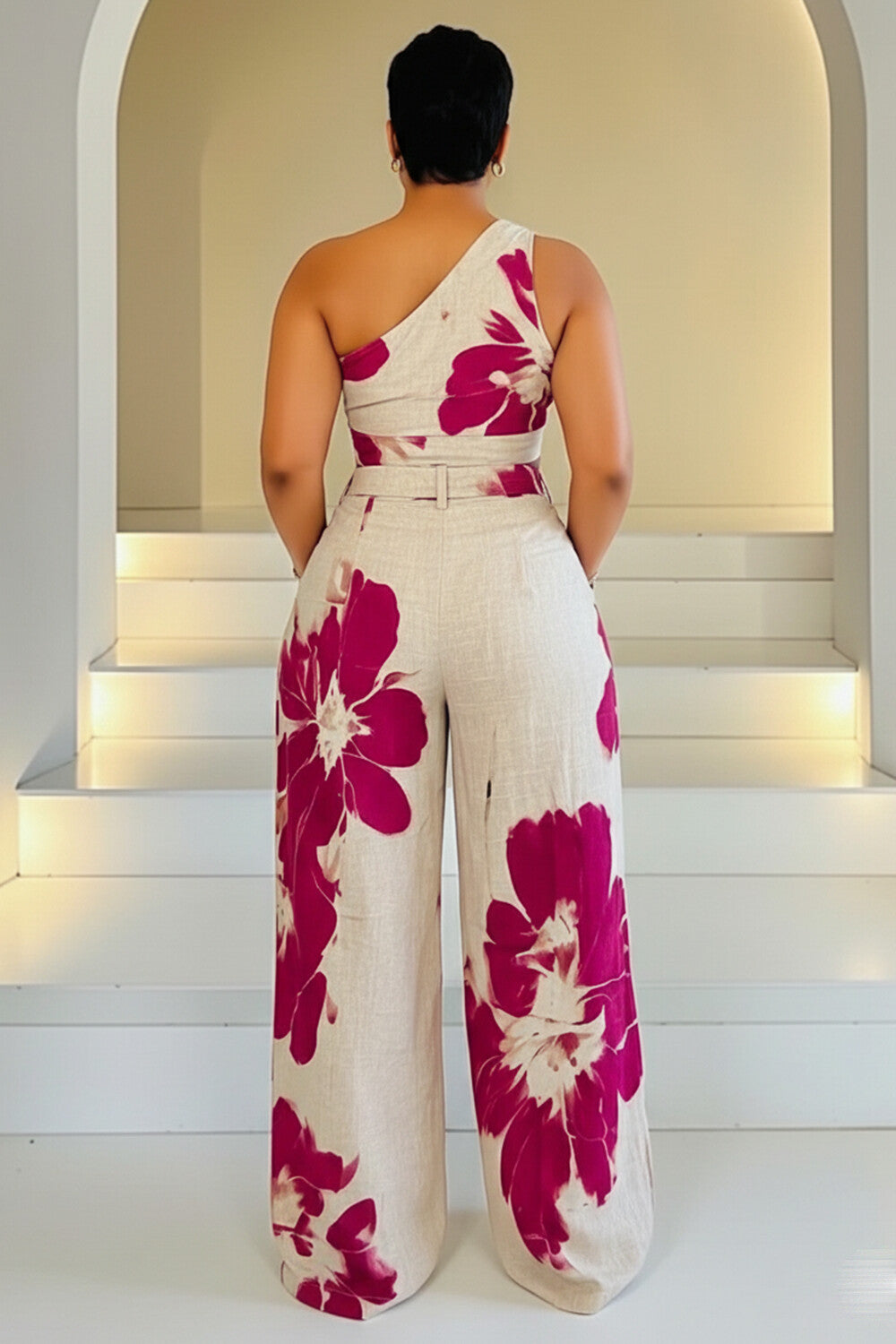 Floral One Shoulder Top Wide Leg Pants Linen 2pcs Set-Fuchsia