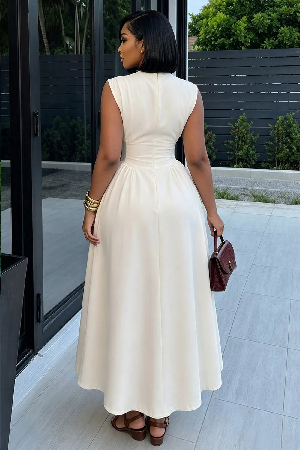 Round Neck Sleeveless Cinch Waist Casual Maxi Dresses-White