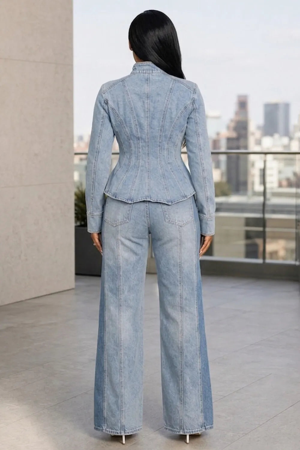 High Collar Long Sleeve Top Wide Leg Pants Denim 2pcs Set-Blue