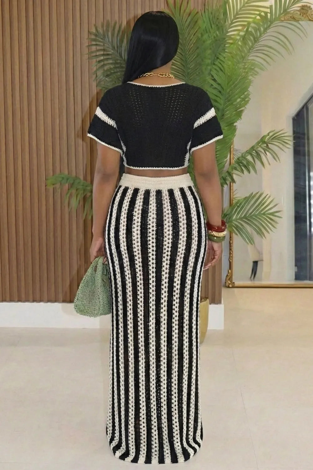 Crochet V Neck Lace-Up Crop Top Maxi Skirt 2pcs Set-Black