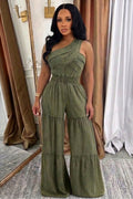 One Shoulder Sleeveless Smocking Wide Leg Casual Jumpsuit-Green
