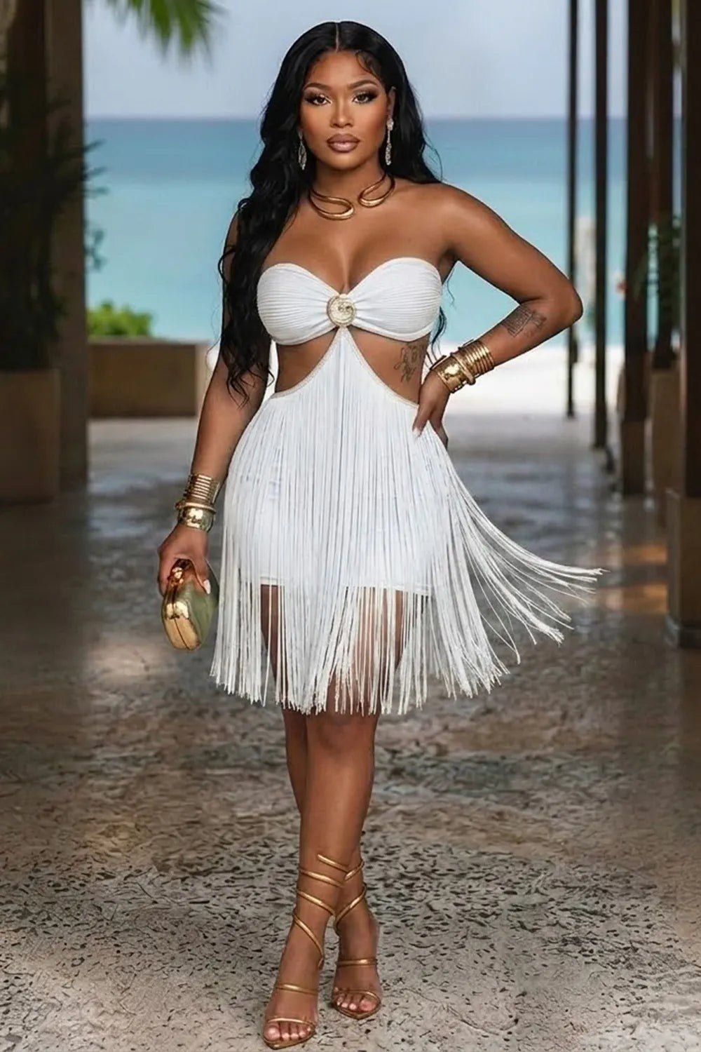 Strapless Metal Decor Cut Out Backless Fringe Party Mini Dresses-Yellow