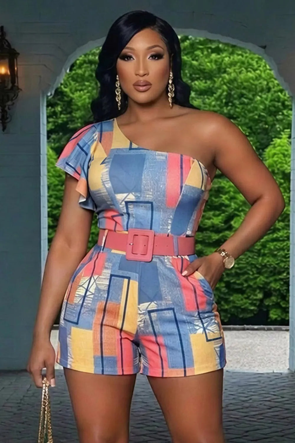 One Shoulder Ruffle Geometric Print Romper Playsuit