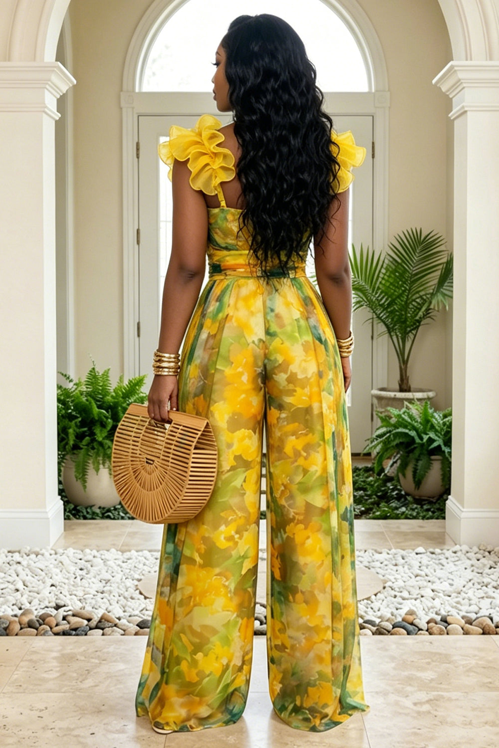 All Over Print Ruffle Trim Wide Leg Vacation Jumpsuit