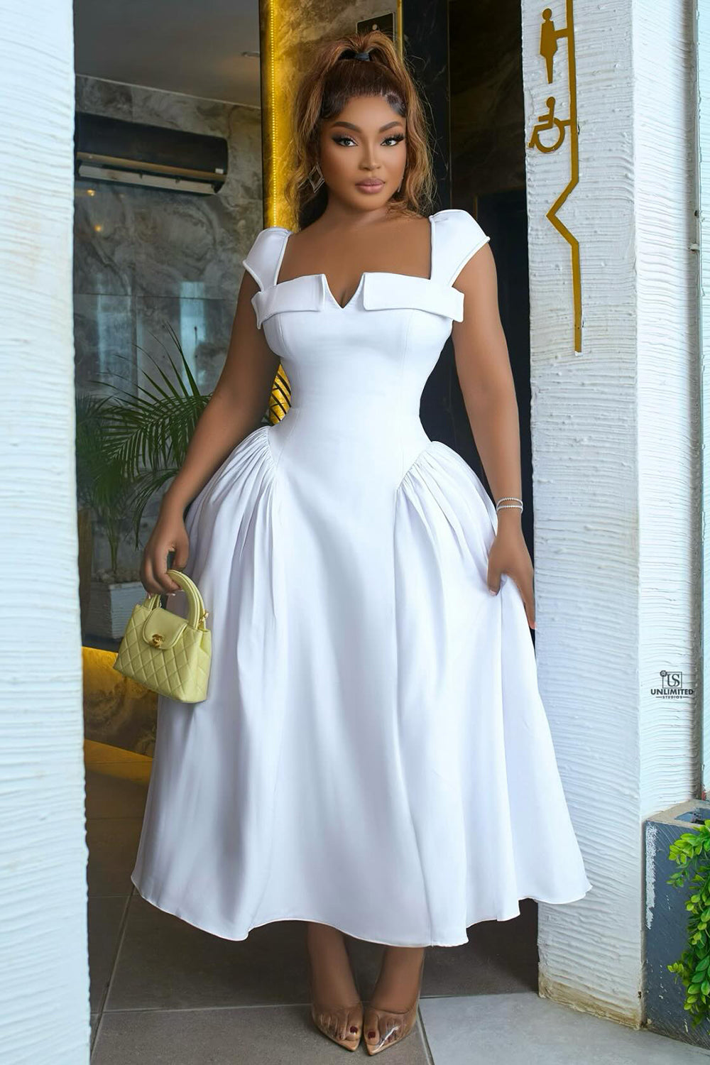 Square Neck Cinch Waist Ruched Bouffant Party Maxi Dresses-White