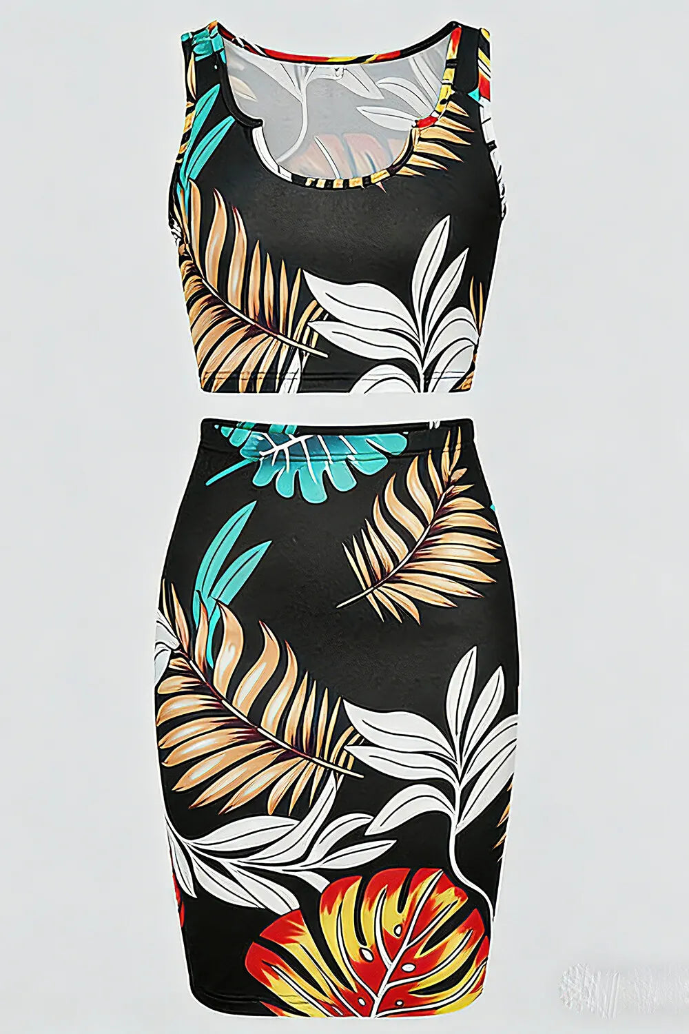 Leaf Print U Neck Crop Tank Top Skinny Mini Skirt Casual 2pcs Set