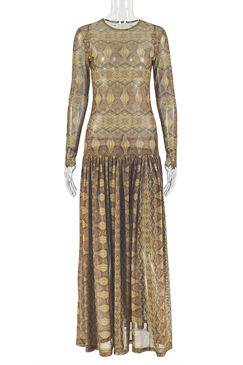 Round Neck All Over Print Long Sleeve Slim Fit Casual Maxi Dresses-Brown
