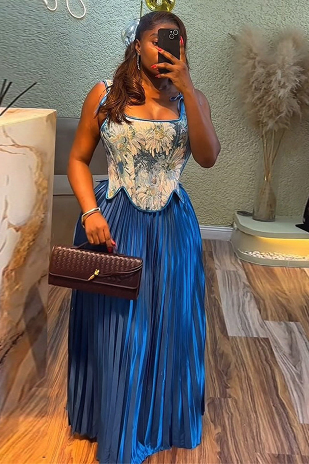 Square Neck Sleeveless Floral Pattern Top Pleated Maxi Skirt 2pcs Set-Brown