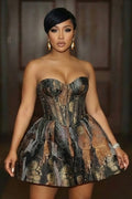 Strapless Cinch Waist Colorblock A-Line Gowns Mini Dresses-Black