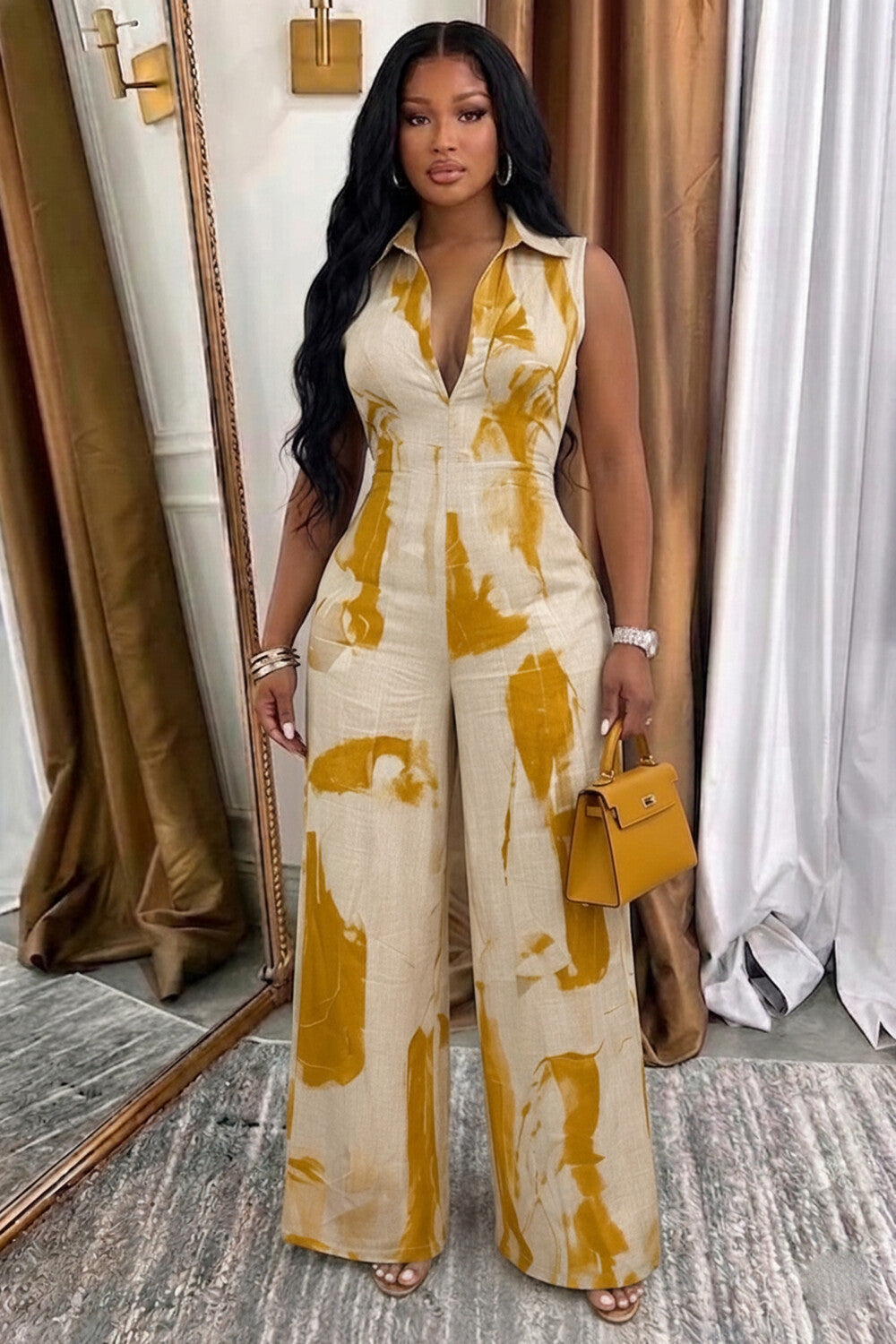 Sleeveless Abstract Print Wide Leg Linen Casual Jumpsuit-Green