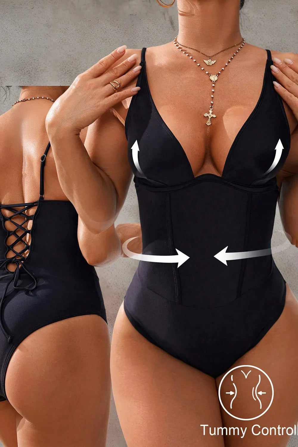 Cami Deep V Neck Back Lace Up Solid Color Beach One Piece Swimsuit-Black