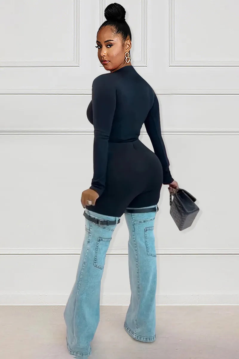 Long Sleeve Solid Bodycon Top Denim Patchwork Pocket Pants Matching Set-Black