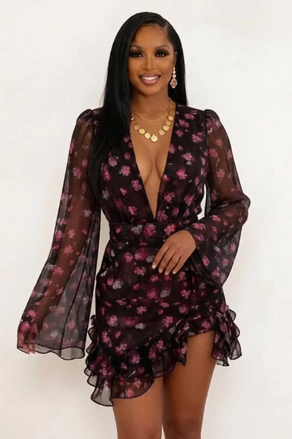 Deep V Neck Floral Print Ruffled Long-Sleeved Chiffon Mini Dresses-Purple