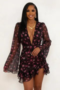 Deep V Neck Floral Print Ruffled Long-Sleeved Chiffon Mini Dresses-Purple