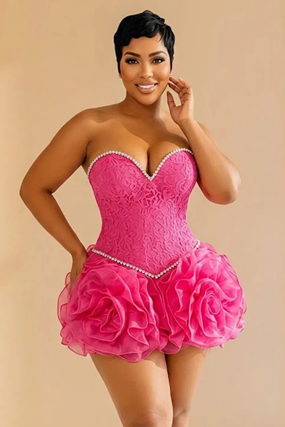 Strapless Rhinestone Jacquard 3D Floral Hem Mini Dresses-Fuchsia