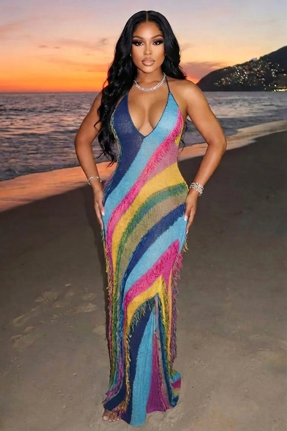 Halter Backless Colorblock Slim Vacation Maxi Dresses