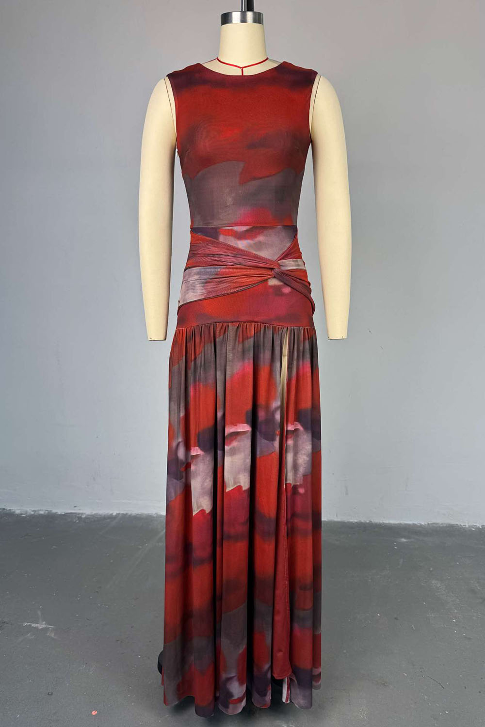 Twisted Decor Dropped Waist Print Patchwork Sleeveless Maxi Dresses-Red