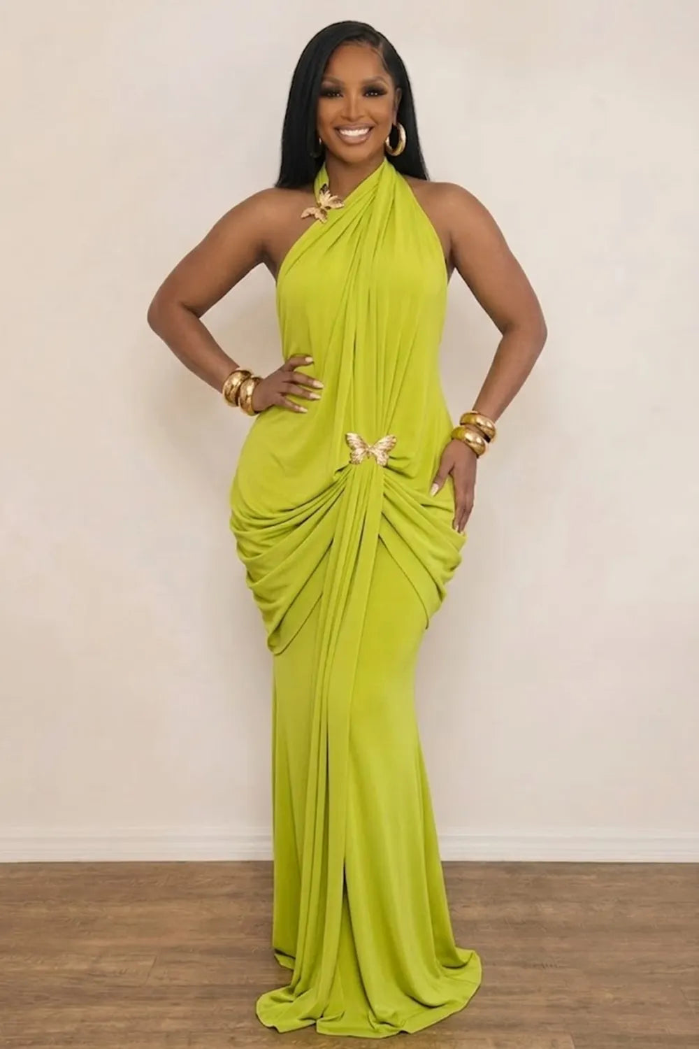 Halter Neck Butterfly Metal Decor Backless Ruffled Gowns Maxi Dresses-Green
