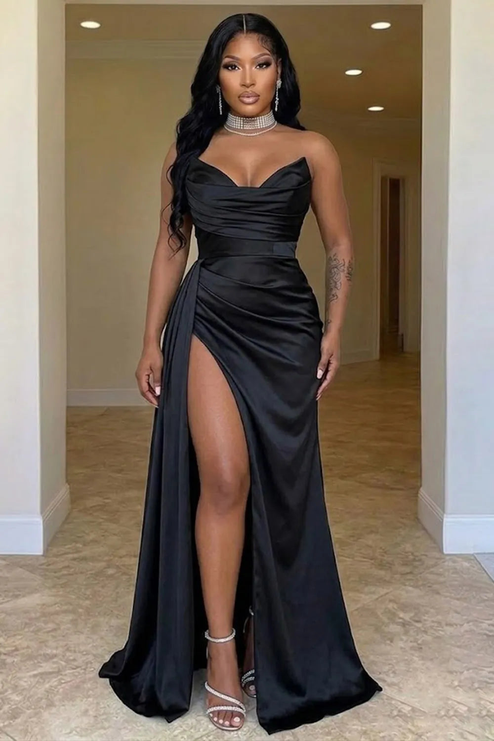 Strapless Draped Cinch Waist High Slit Satin Evening Gowns Maxi Dresses-Champagne