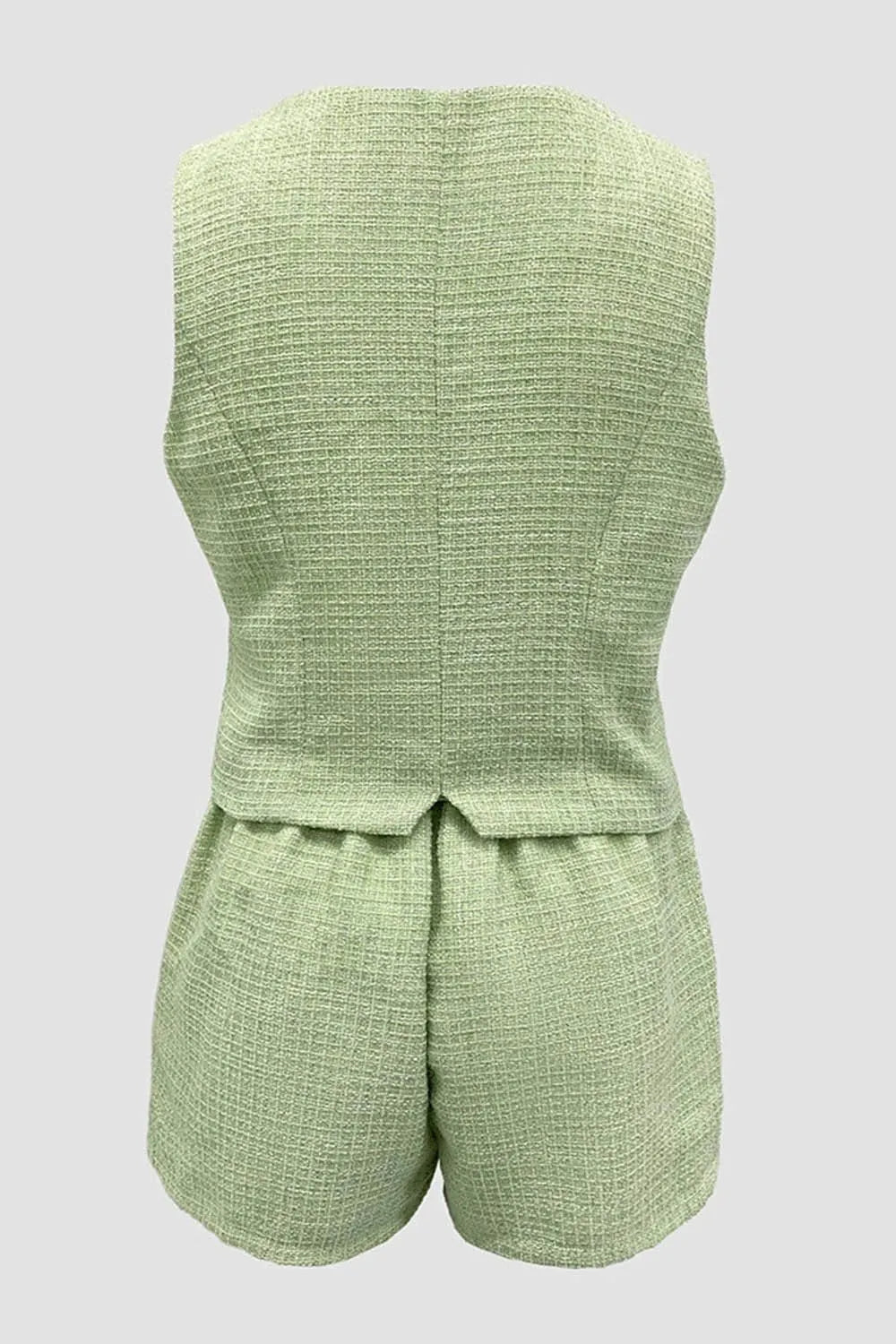 V Neck 3D Floral Single Breasted Vest Waist Chain Shorts 2pcs Set-Green
