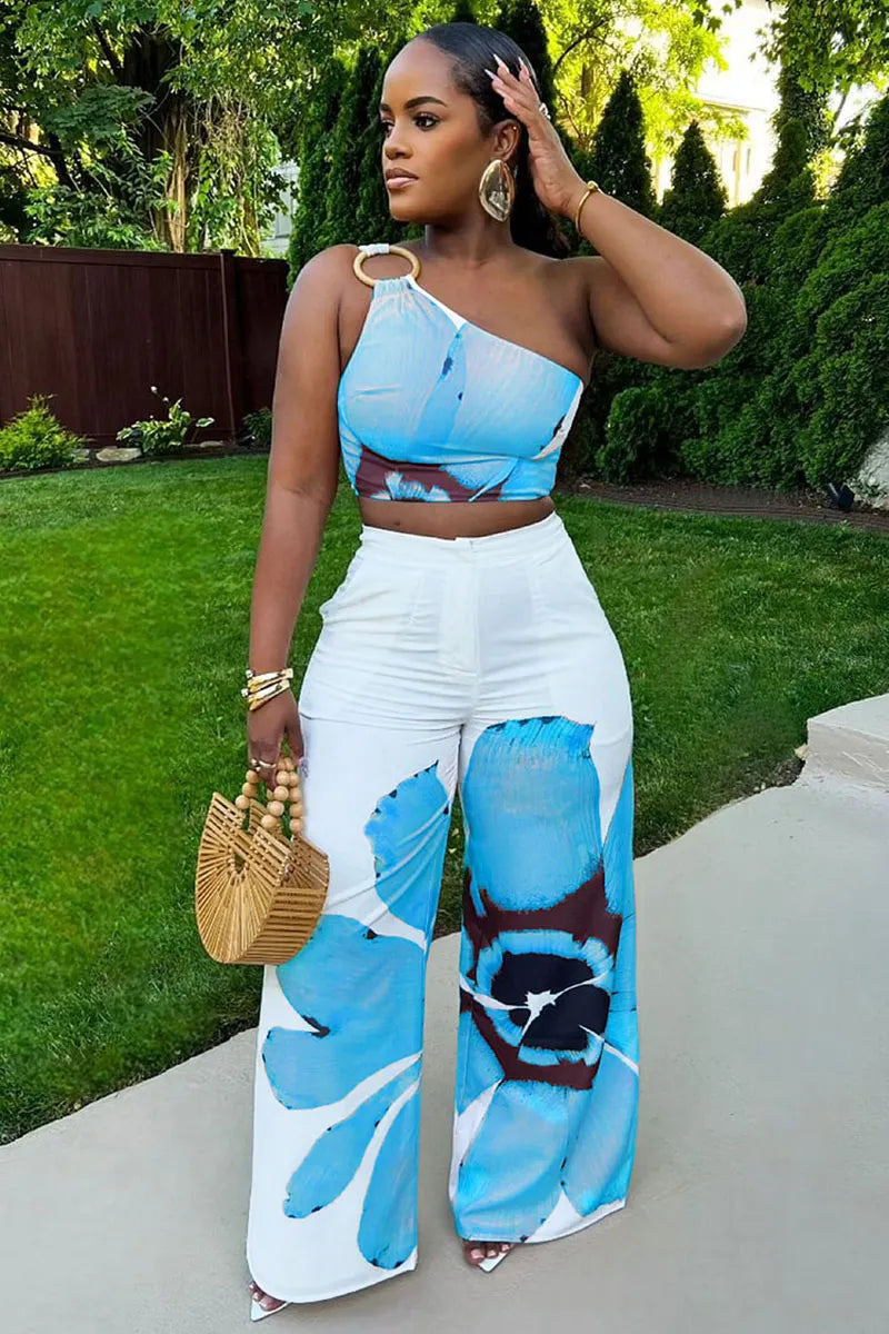 One Shoulder Crop Top Floral Wide Leg Pants Daily 2pcs Set-White