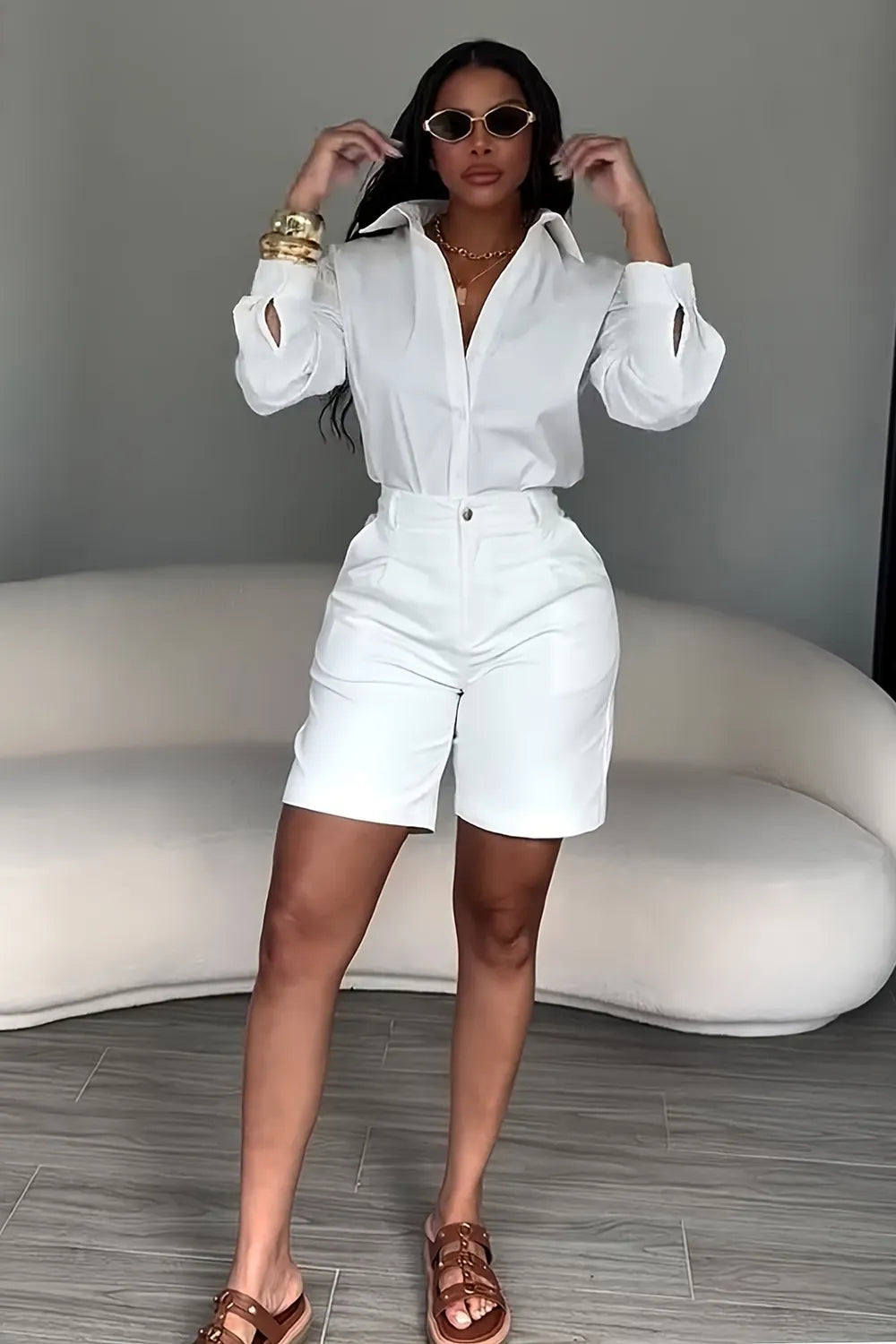 Solid Color  Collar Shirt High Waist Shorts Casual 2pcs Set-White