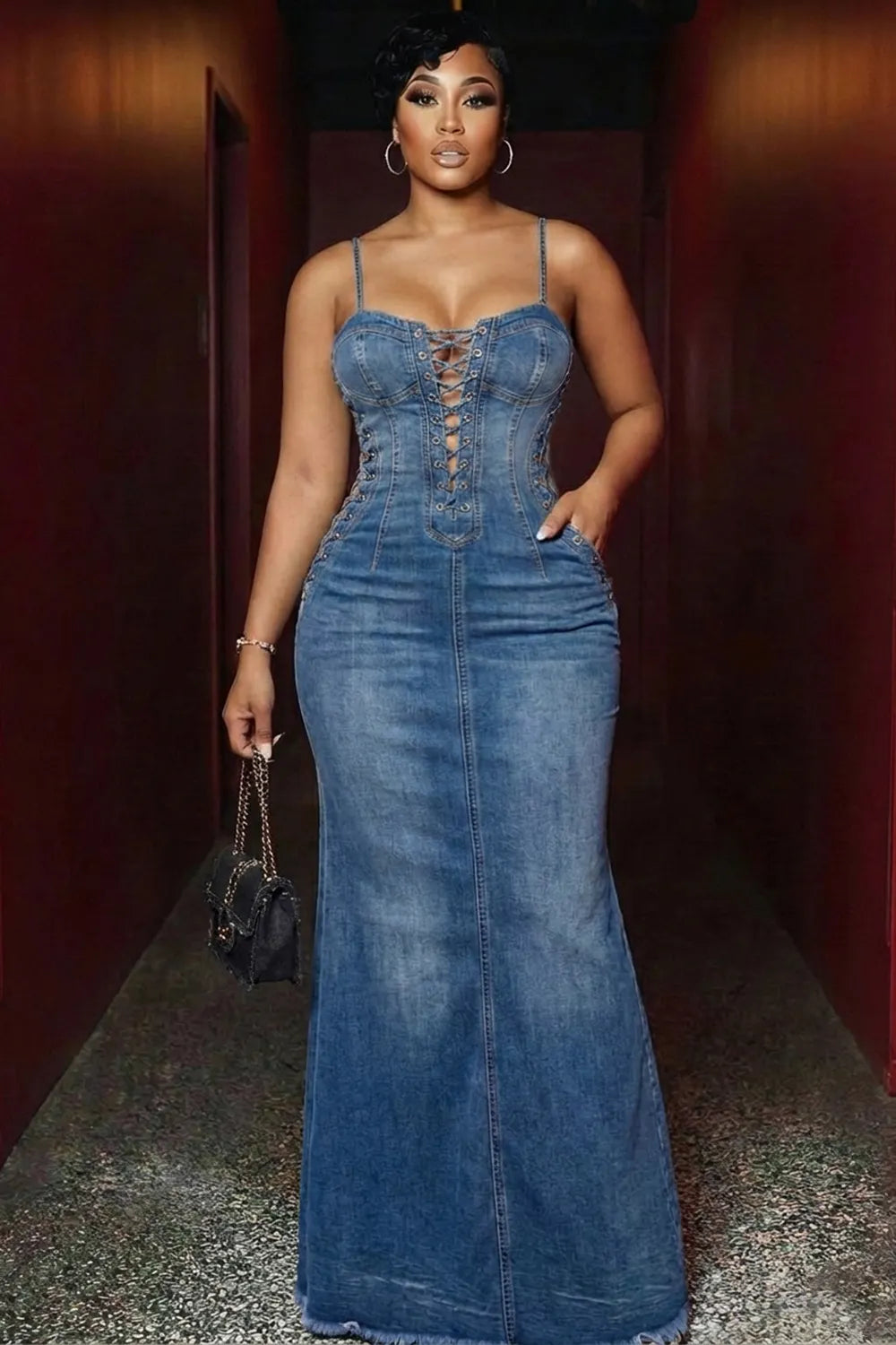 Denim Spaghetti Strap Lace Up Raw Edge Casual Maxi Dresses-Blue