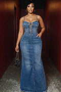 Denim Spaghetti Strap Lace Up Raw Edge Casual Maxi Dresses-Blue