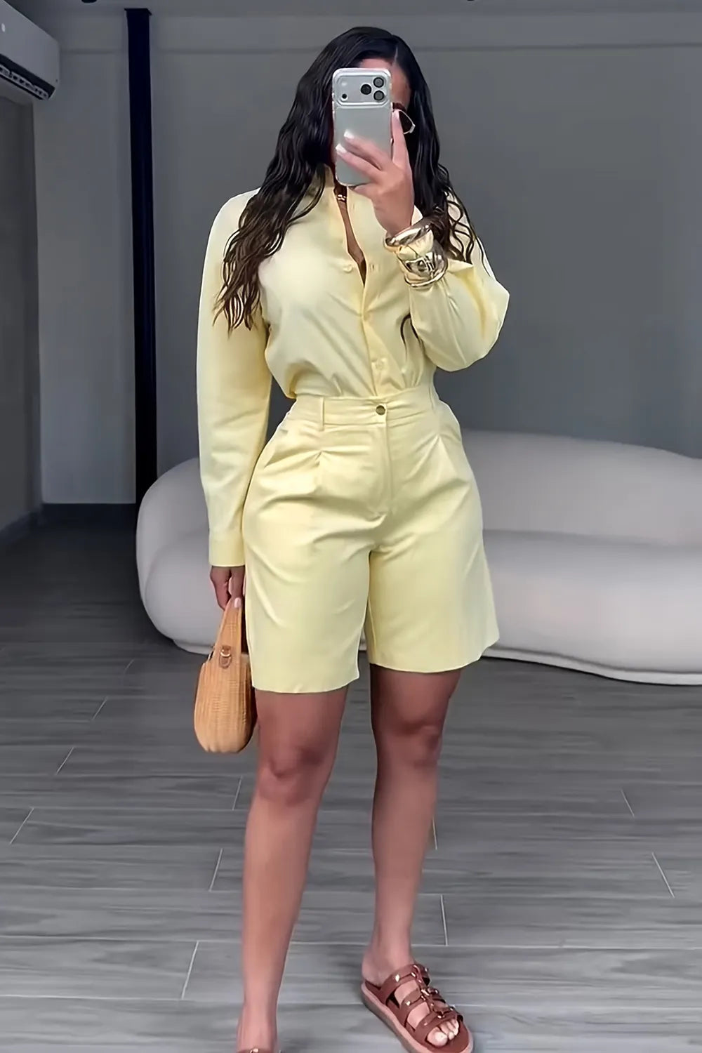 Solid Color  Collar Shirt High Waist Shorts Casual 2pcs Set-White