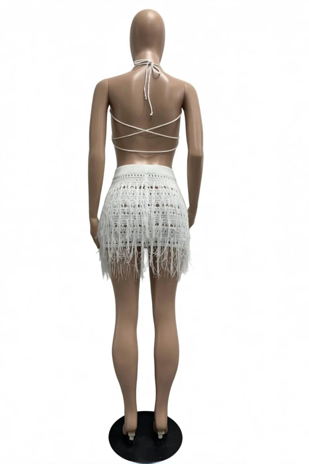 Halter Backless Crop Top Tassel Mini Skirt Crochet Vacation 2pcs Set-White