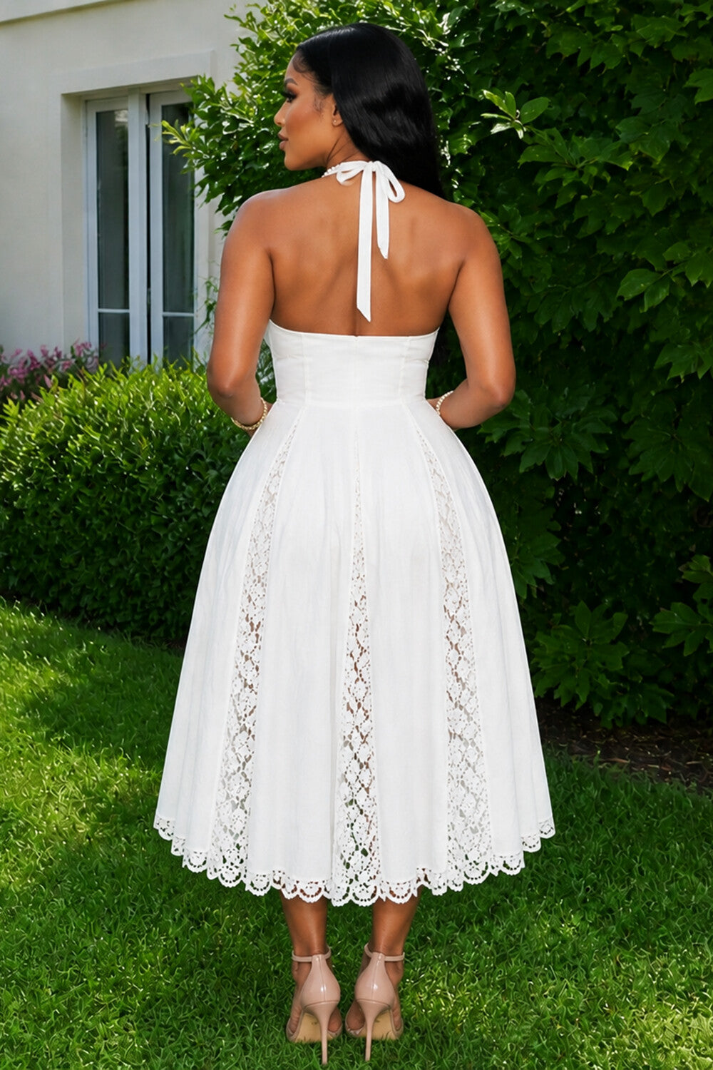 Halter Backless Lace Patchwork A-Line Gowns Maxi Dresses-White