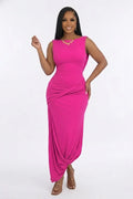 Solid Color Boat Neck Ruched Backless Sleeveless Gowns Maxi Dresses-Fuchsia